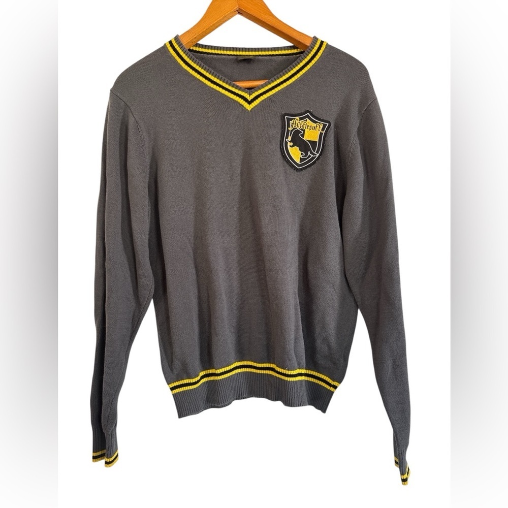 Harry Potter Wizarding World HufflePuff Gray V-Neck Sweater with Yellow Trim - Picture 2 of 5